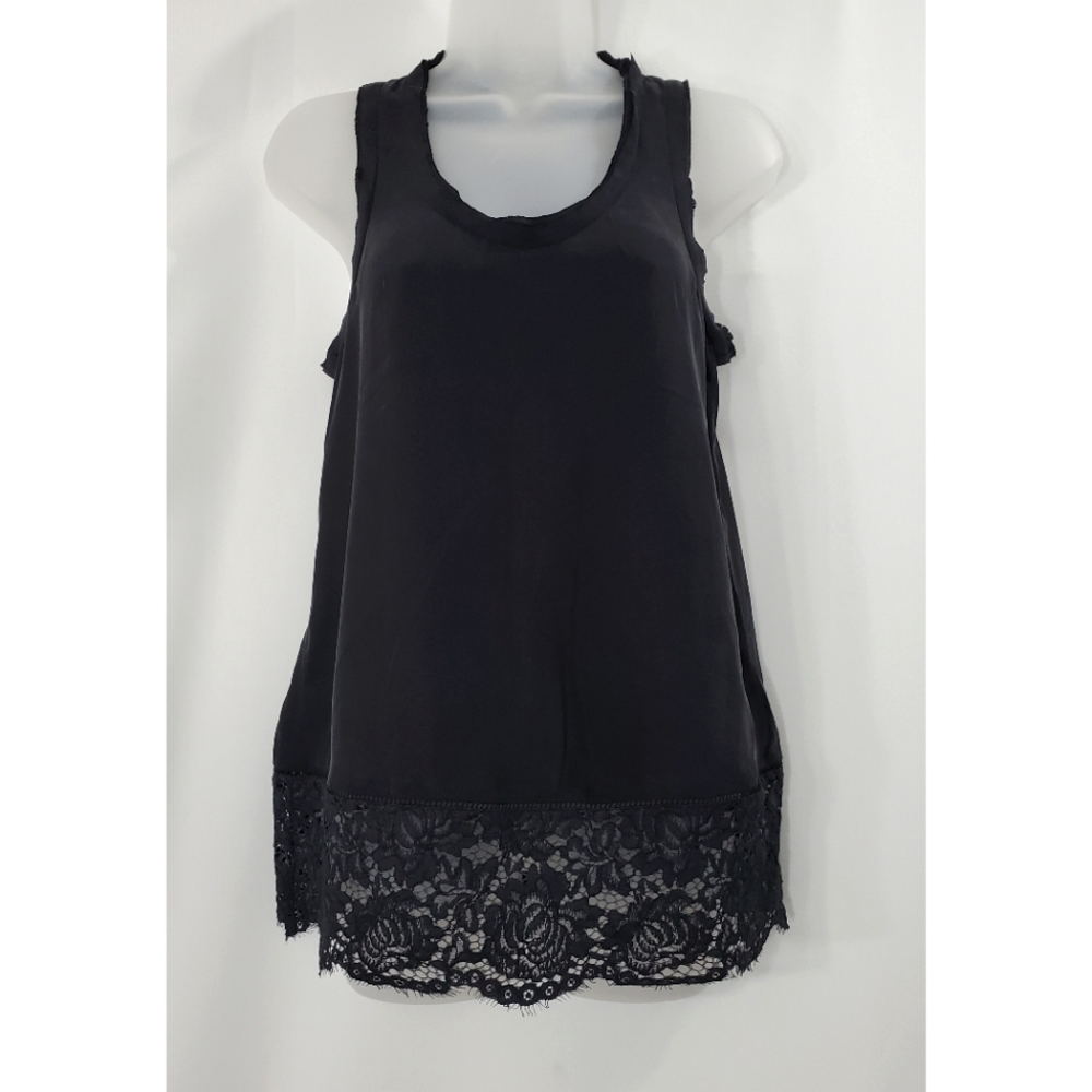 Rebecca Taylor Black Silk Tank Top Lace Trim